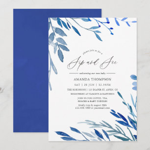 Invitation Fête Sip and See aux feuilles d'indigo marine aqua