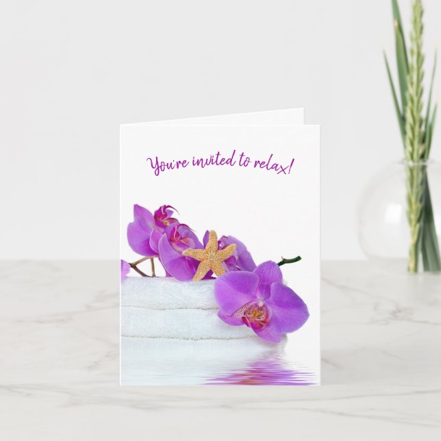Invitation Fête spa avec des orchidées sur les serviettes (Devant)
