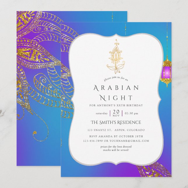 Invitation Fête sur le thème des Nuits arabes avec feuille d' (Devant / Derrière)