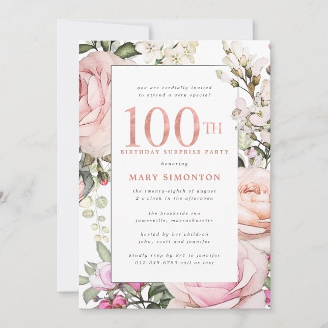 Invitation FÊTE SURPRISE 100e anniversaire Blush rose floral (Devant)