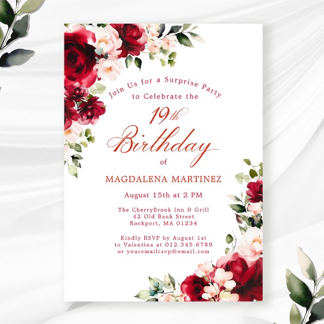 Invitation FÊTE SURPRISE 19e anniversaire Floral rose rouge (Créateur téléchargé)