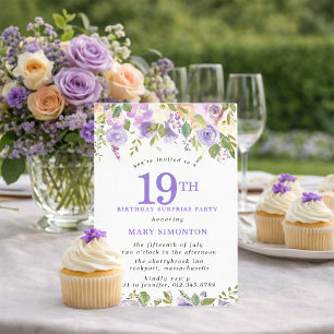 Invitation FÊTE SURPRISE 19e Anniversaire Jolie Fleur Violett