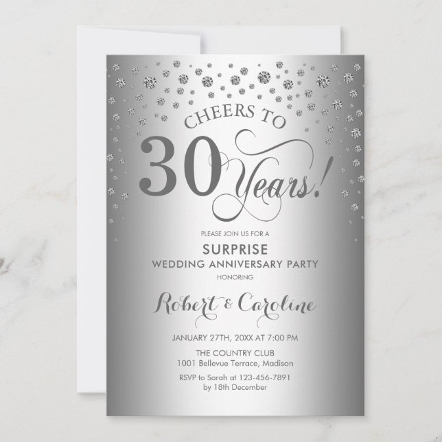 Invitation Fête surprise 25e anniversaire élégante argentée (Devant)