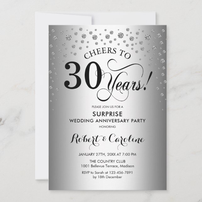 Invitation Fête surprise 30e anniversaire Argent Noir (Devant)