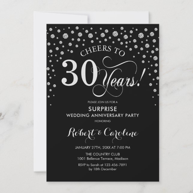 Invitation Fête surprise 30e anniversaire Noir Argent (Devant)