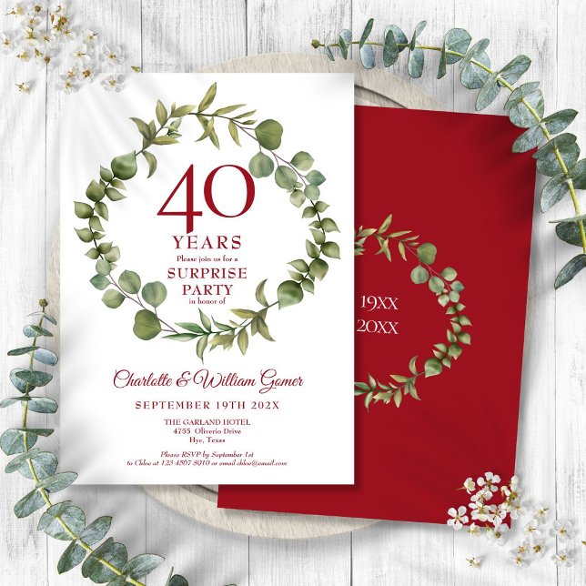 Invitation Fête surprise 40e anniversaire de mariage rubis ve (Surprise Party 40th Ruby Anniversary Greenery Invitation)