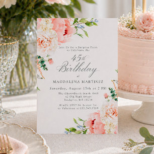 Invitation FÊTE SURPRISE 45e Anniversaire Féminin Fleurs Rose