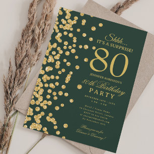 Invitation Fête surprise 80 ans paillettes d'or sur fond ver