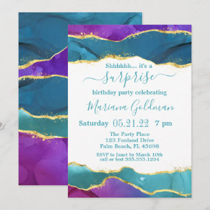 Invitation Fête surprise Abstrait Encre Rose Turquoise Or