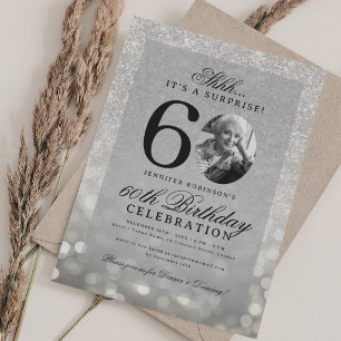 Invitation Fête surprise argentée Photo Glam 60e anniversaire