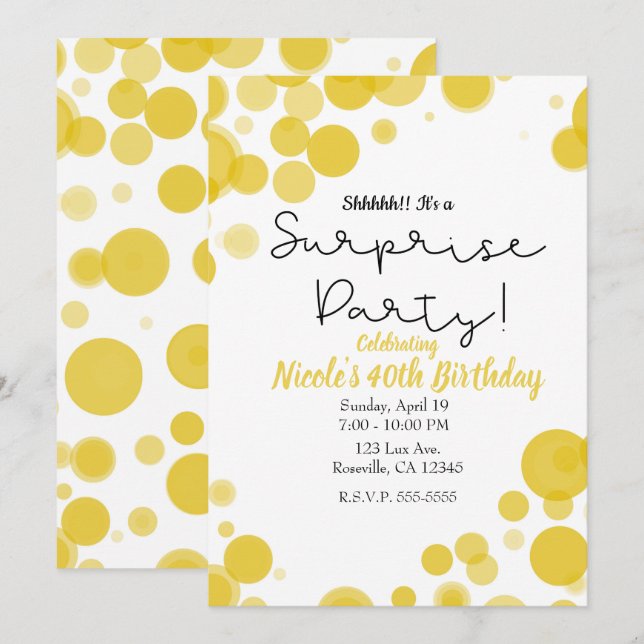 Invitation Fête surprise avec bulles jaunes et blanches à poi (Devant / Derrière)