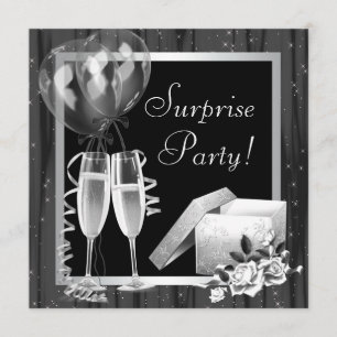 Invitation Fête surprise Champagne étincelles noir et blanc