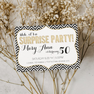 Invitation Fête surprise Chevron noir et or