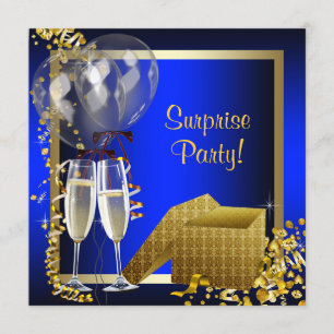 Invitation Fête surprise confettis bleus et dorés au champagn