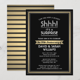 Invitation Fête surprise d'anniversaire Noir, Blanc et Or