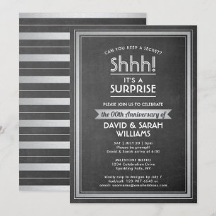 Invitation Fête surprise d'anniversaire Tableau noir et argen