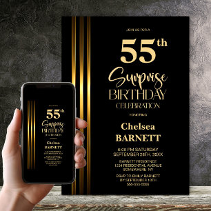 Invitation Fête surprise des 55 ans rayée noire et dorée