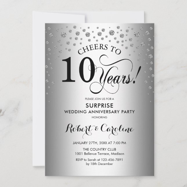 Invitation Fête surprise du 10e anniversaire - Noir argenté (Devant)