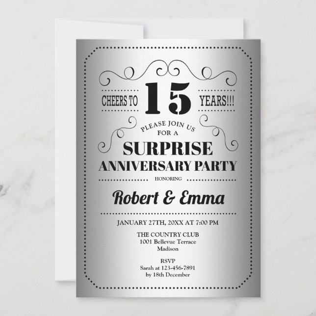 Invitation Fête surprise du 15e anniversaire - Noir argenté (Devant)