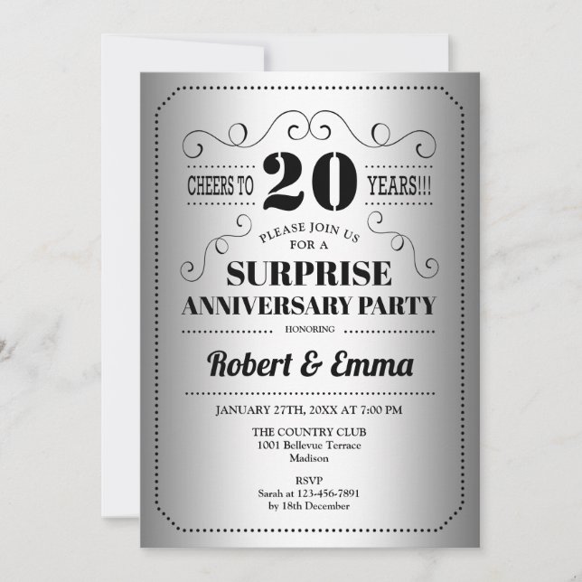 Invitation Fête surprise du 20e anniversaire - Noir argenté (Devant)