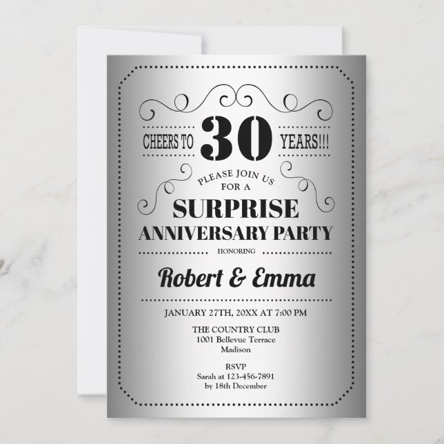 Invitation Fête surprise du 30e anniversaire - Noir argenté (Devant)