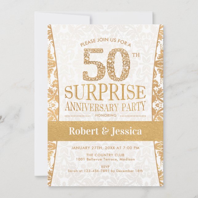 Invitation Fête surprise du 50e anniversaire - Blanc Or (Devant)