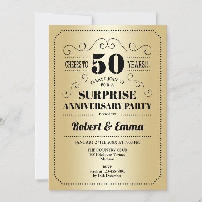 Invitation Fête surprise du 50e anniversaire - Noir Or (Devant)