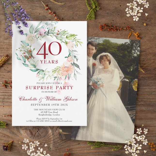Invitation Fête surprise Fleurs 40e anniversaire Photo (Surprise Party Floral 40th Anniversary Photo Invitation)