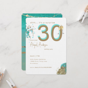 Invitation Fête surprise glamour turquoise et or pour 30 ans