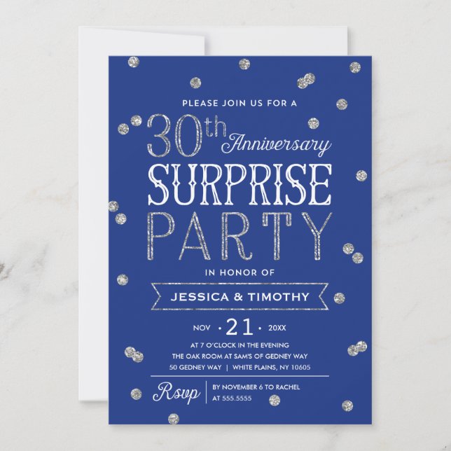 Invitation Fête surprise paillettes confettis 30e anniversair (Devant)