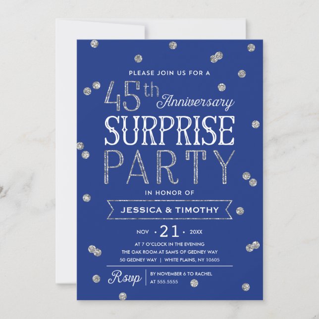 Invitation Fête surprise paillettes et confettis pour le 45e  (Devant)