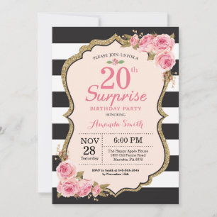 Invitation Fête surprise pour 20 ans avec des pivoines roses 