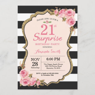 Invitation Fête surprise pour 21 ans avec des pivoines roses 