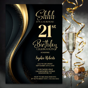 Invitation Fête surprise pour 21 ans en noir et or