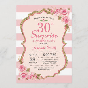 Invitation Fête surprise pour 30 ans avec des pivoines roses 