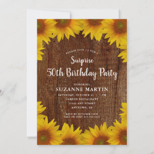 Invitation Fête surprise pour 50 ans avec tournesols rustique