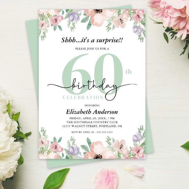 Invitation Fête surprise pour 60 ans Élégante Florale Pastel (Créateur téléchargé)