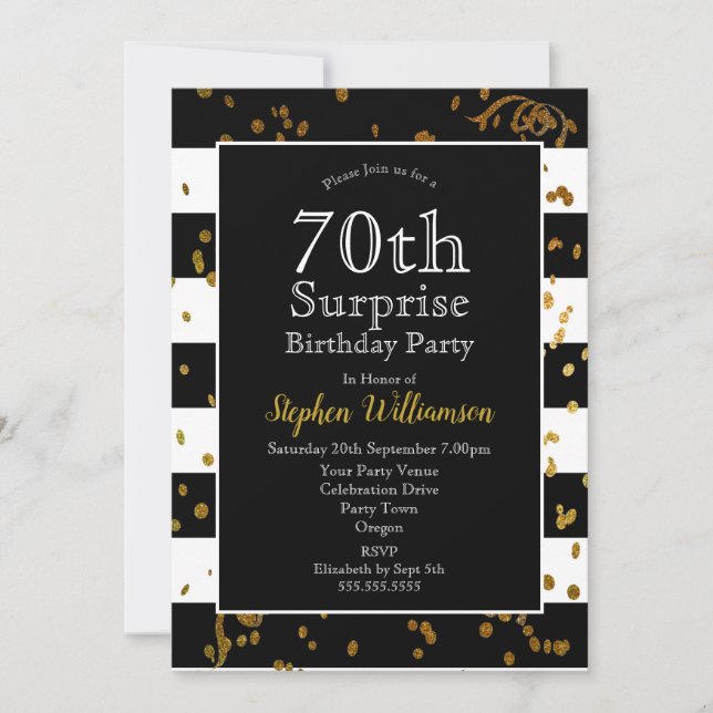 Invitation Fête surprise pour 70 ans Anniversaire Noir et Or (Devant)