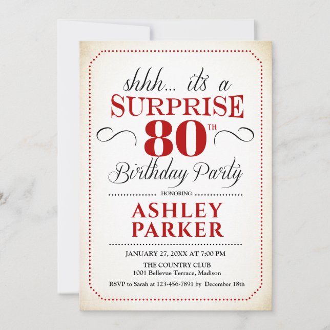 Invitation Fête surprise pour 80e anniversaire - Blanc Rouge  (Devant)