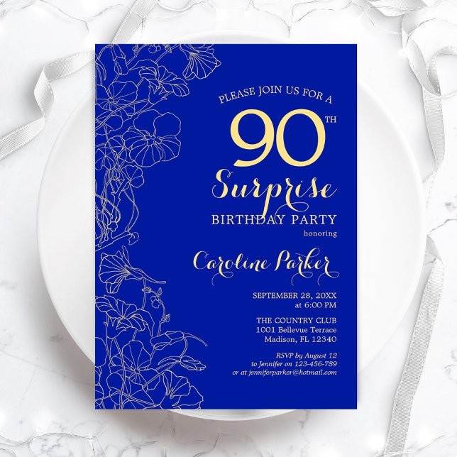 Invitation Fête surprise pour 90 ans bleu royal et or (Créateur téléchargé)