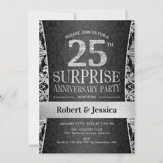 Invitation Fête surprise pour le 25e anniversaire - Argent (Devant)