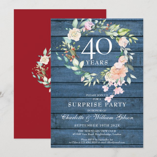 Invitation Fête surprise pour le 40e anniversaire de mariage  (Devant / Derrière)