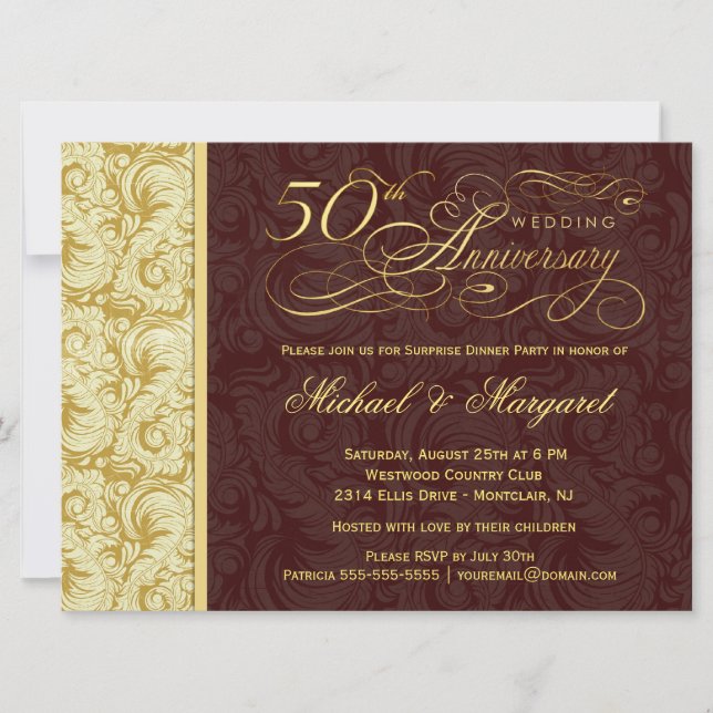 Invitation Fête surprise pour le 50e anniversaire - Damassé d (Devant)