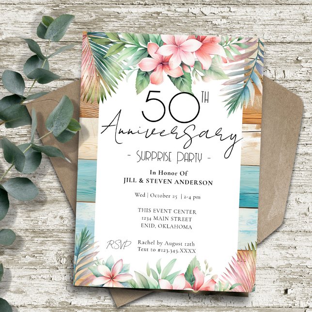 Invitation Fête Surprise pour le 50e Anniversaire Tropicale  (Créateur téléchargé)
