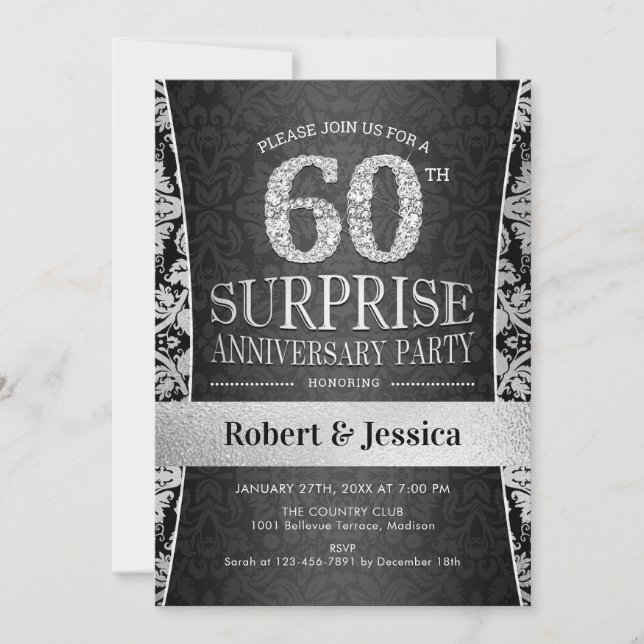 Invitation Fête surprise pour le 60e anniversaire - Argent (Devant)