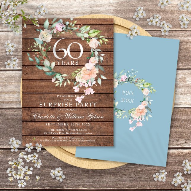 Invitation Fête surprise pour le 60e anniversaire de mariage  (60th Anniversary Surprise Party Floral Rustic Wood Invitation)