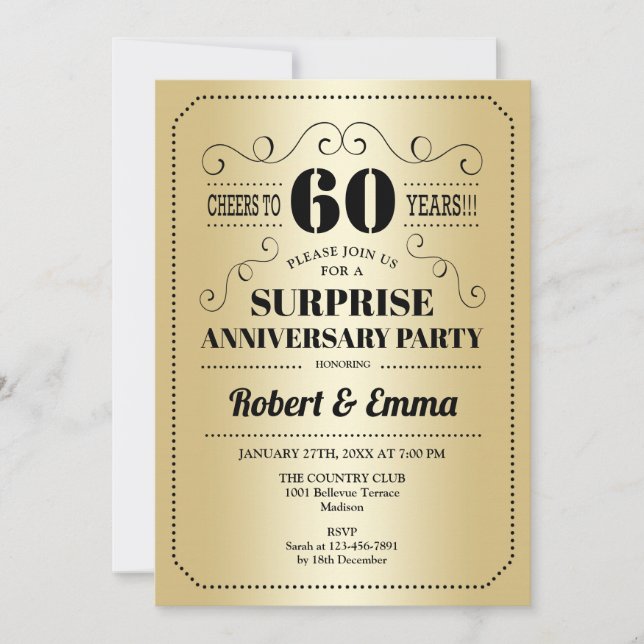 Invitation Fête surprise pour le 60e anniversaire - Or Noir (Devant)