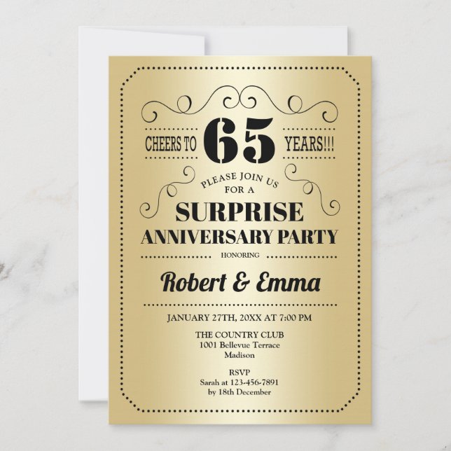 Invitation Fête surprise pour le 65e anniversaire - Noir Or (Devant)