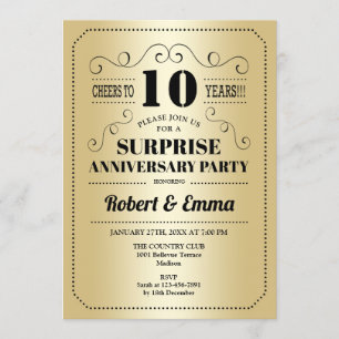 Invitation Fête surprise pour les 10 ans d'anniversaire - Or 
