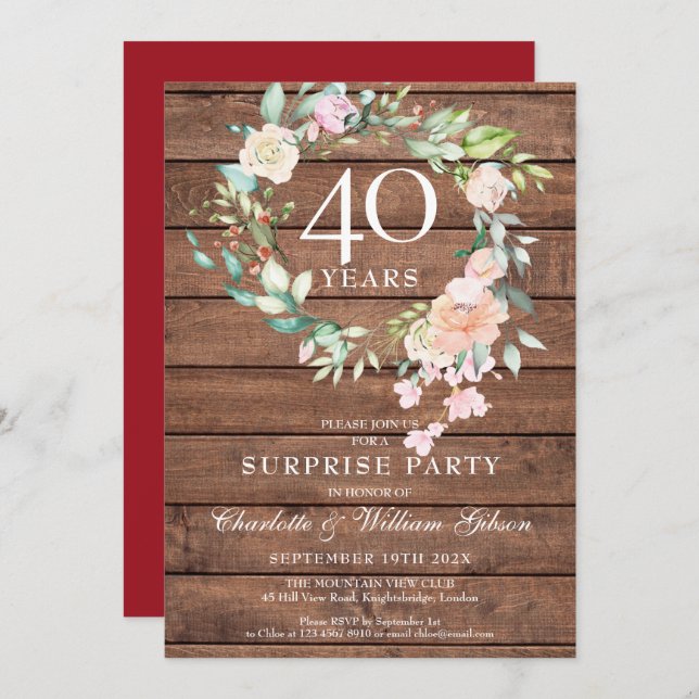 Invitation Fête surprise pour les 40 ans, fleurs rustiques en (Devant / Derrière)